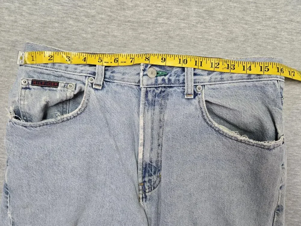 Vintage 90s Tommy Hilfiger Shorts Mens 33 Blue Denim Distressed Cutoff Jorts